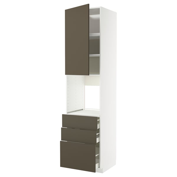 White tall kitchen cabinet with brown handles, three drawers, and shelves.