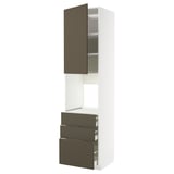 White tall kitchen cabinet with brown handles, three drawers, and shelves.