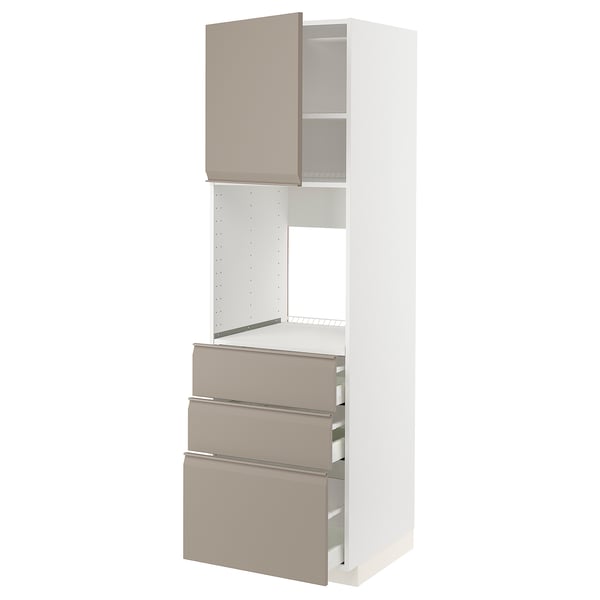 A modern white and beige kitchen cabinet with drawers and shelves. It upplöv fronts in matte grey-beige and a sleek design.