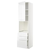 High gloss white METOD kitchen cabinet with integrated handles and drawers.