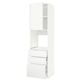 White modern METOD kitchen unit with sleek drawers and open shelves, minimalist design.