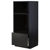 Modern black kitchen cabinet with drawer, two shelves, sleek design.