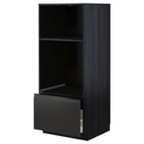 Black ikea METOD kitchen cabinet with drawer, sleek design, dark wood grain finish, open for visibility.