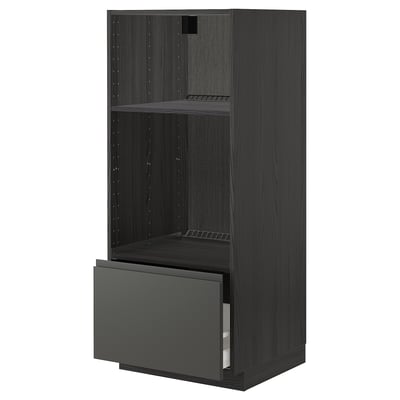 Modern dark grey METOD kitchen unit, wood effect, tall with open shelf and drawer, sleek design.