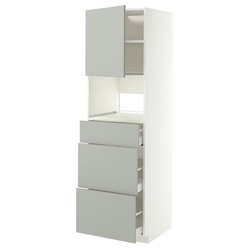 A white METOD kitchen unit with light grey drawers and a cabinet. It has a modern, sleek design with multiple storage options.
