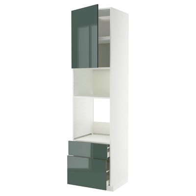 METOD kitchen unit, high-gloss green, tall, white base, adjustable shelves, shiny handles.