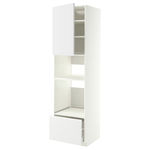 White modern kitchen cabinet with open drawers and shelves.