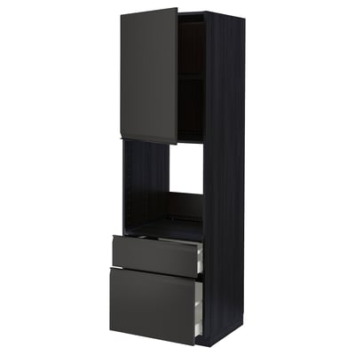 This image shows a black ikea METOD kitchen unit with drawers and shelves. The unit has a sleek, modern design with a glossy finish.