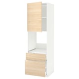 A white METOD kitchen unit with light ash wooden doors. It cabinets with drawers and shelving for storage.