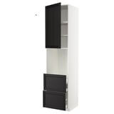 Modern white METOD kitchen cabinet with black doors and drawers, combining open and closed storage, tall and narrow with sleek, minimalist design.