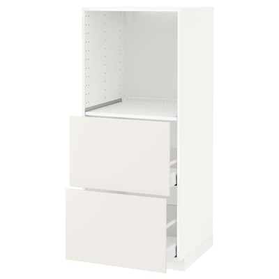 White ikea METOD kitchen unit, tall and rectangular with open top and two pull-out drawers.