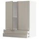 Modern beige kitchen cabinet with two open doors and a drawer. Sleek design, particleboard, and melamine finish.