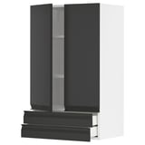 Modern black kitchen cabinet with glossy edges and integrated handle. Tall design with shelf and drawer.
