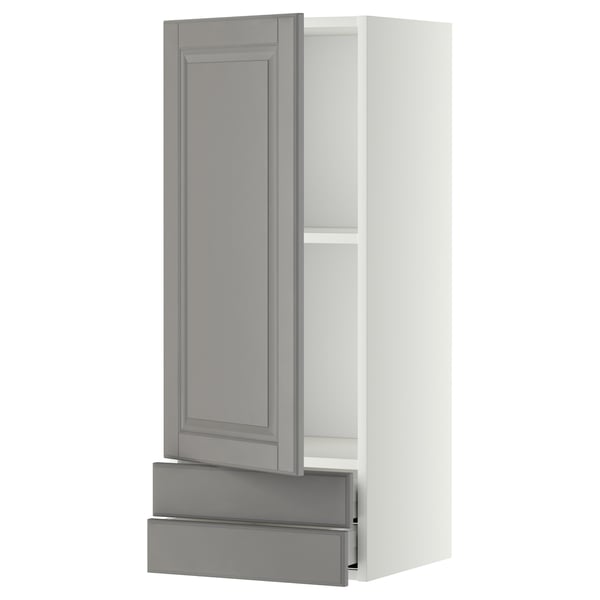 Grey kitchen cabinet with one open door and two drawers.