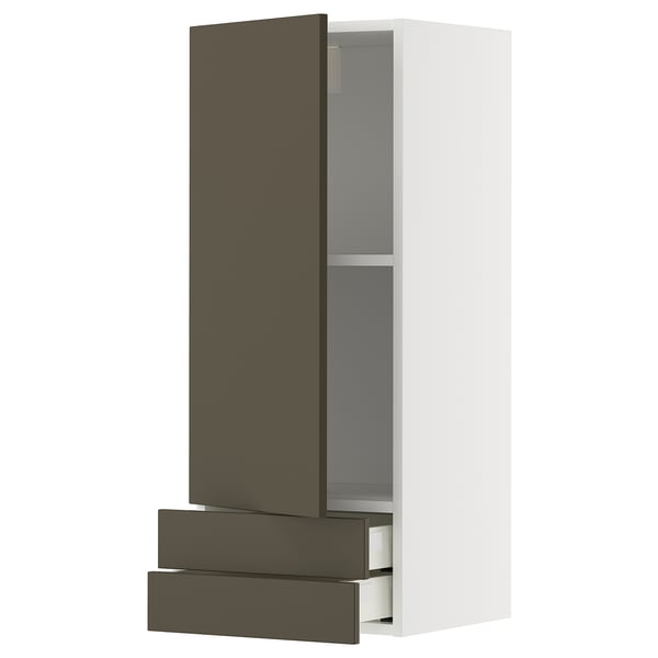 Modern kitchen cabinet, white with dark brown drawers and door.