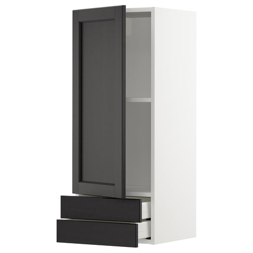 A kitchen cabinet named METOD with a black-stained lerhyttan door. It has a tall frame with a single drawer and an adjustable shelf.