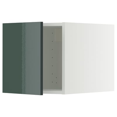 Modern kitchen cabinet set in gray-green high-gloss with sleek design and sturdy construction.