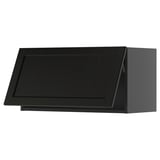 Black wooden kitchen cabinet with sleek, angled design. Part of ikeas METOD system, featuring beveled edges and a dark stained finish.