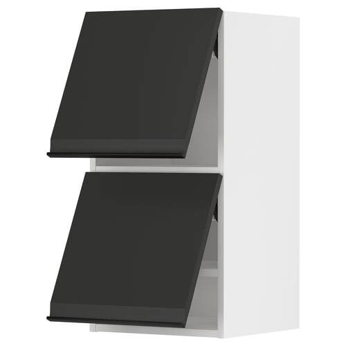 Modern black kitchen cabinets with sleek handles, part of the METOD system, featuring a two-tone design and gentle door closing mechanism.