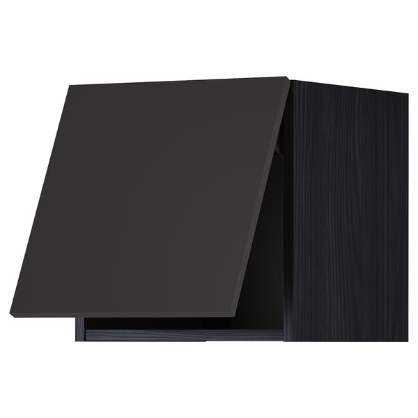 Modern black kitchen cabinet, angled view.