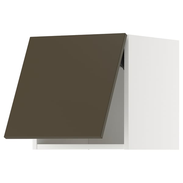A modern kitchen cabinet in white with a dark brown door. The cabinet has a sleek design with a flat-panel door.