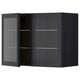 Modern black kitchen cabinet with textured glass doors and adjustable shelves.