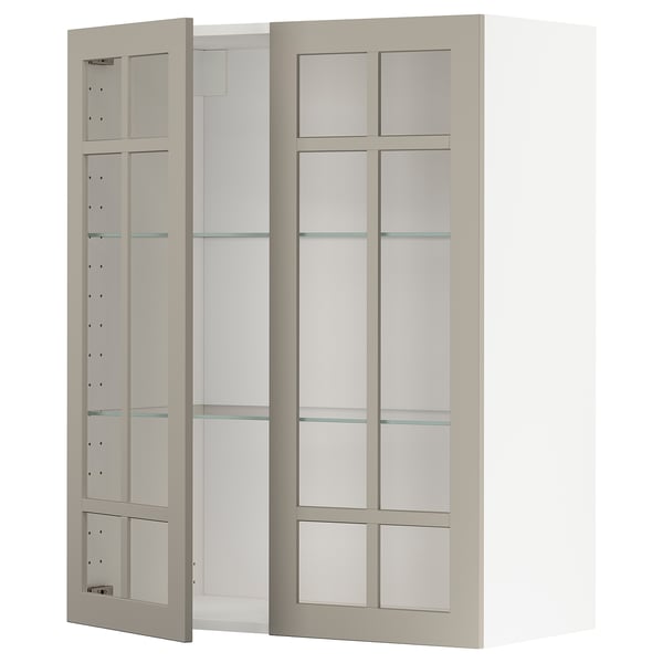 METOD kitchen unit with beige glass doors, rectangular shape, and modern design.
