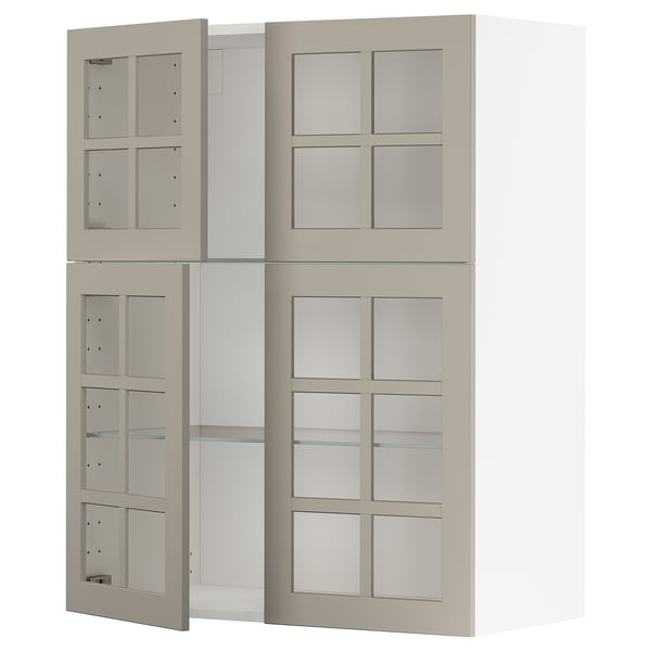 METOD kitchen units, beige, glass doors & shelves.