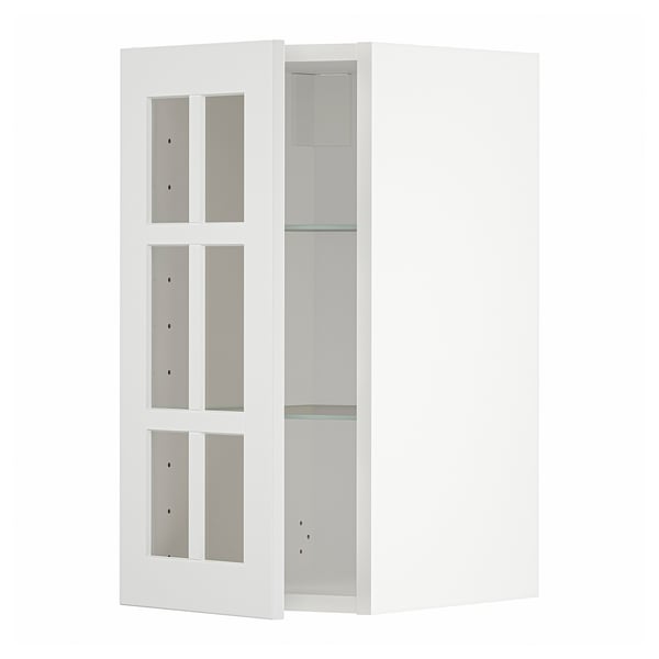 White METOD kitchen wall unit with three adjustable glass shelves, modern design.
