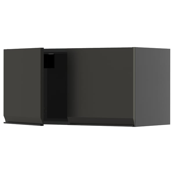 Modern black kitchen cabinet with sleek, minimalist design. Two doors with integrated handles and angular edges.