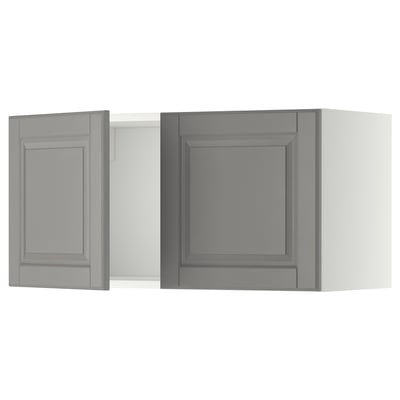 Two grey METOD kitchen cabinets with beveled edges.
