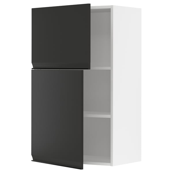 Modern black kitchen cabinet with single door and two shelves, part of the METOD system.