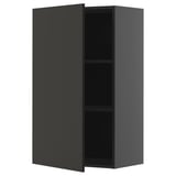 Gray wall-mounted cabinet with one open door, displaying adjustable shelf inside.