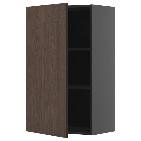 Single dark brown cabinet with door open, revealing two shelves. Modern design with wooden edge.