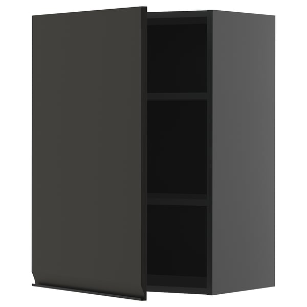 METOD wall cabinet in dark gray, rectangular, open door, two shelves.