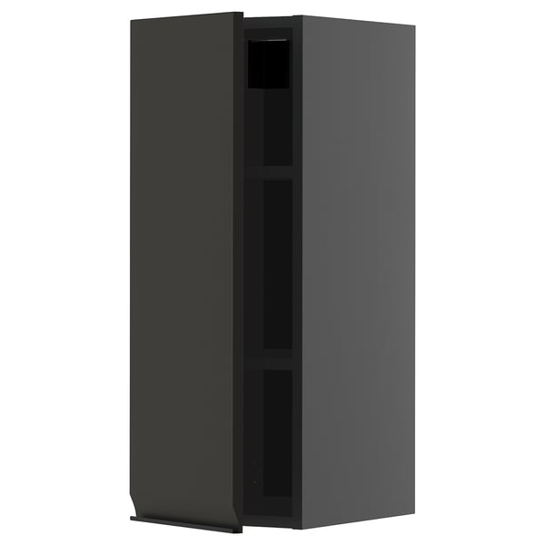 Displays a dark grey, modern kitchen cabinet with a minimalist design and no visible handles.
