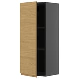 Open METOD kitchen cabinet with oak-look doors and dark frame.