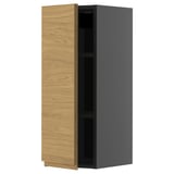 Modern kitchen cabinet with oak-wood door, black frame, rectangular shape, and minimalist design.