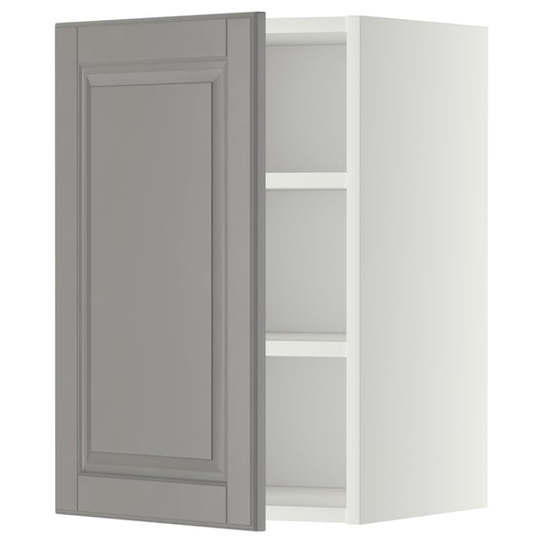Open grey cabinet from ikea METOD series, grey color, rectangular shape, white inside.