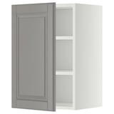 Open grey cabinet from ikea METOD series, grey color, rectangular shape, white inside.