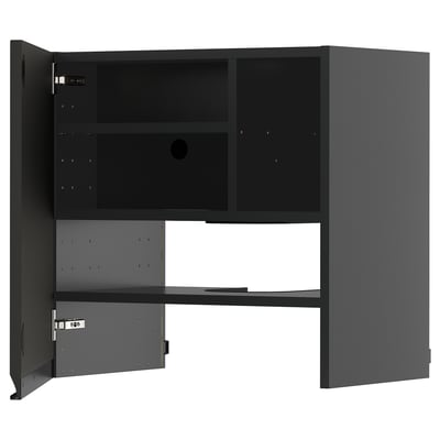Black kitchen cabinet with adjustable shelves, modern, square shape.