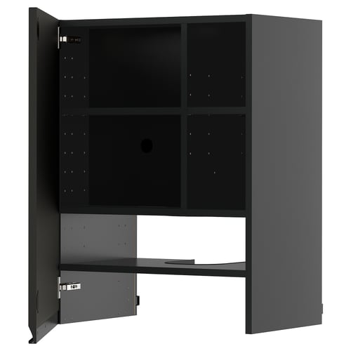 Black kitchen cabinet with open left door, adjustable shelf inside, modern design.