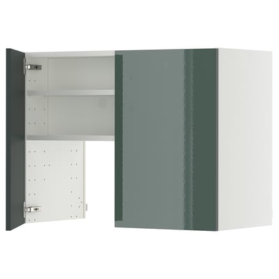 Gray-green cabinet, open, adjustable shelf.