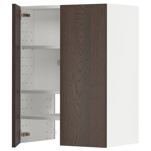 A dark brown wooden-framed METOD kitchen cabinet with three adjustable shelves inside.
