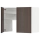A dark brown wooden cabinet with one door open, revealing adjustable shelves inside, designed for a kitchen.