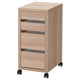 Option: A MICKE light wooden rolling storage drawer unit with a sleek design. It has four drawers on wheels for easy movement.