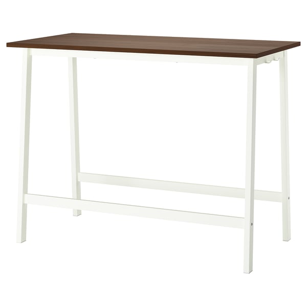 A MITTZON high conference table with a walnut veneer top and white legs. It has a rectangular shape and supports for standing meetings.