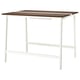 Modern high conference table with brown top, white legs, for sitting/standing with footrest.