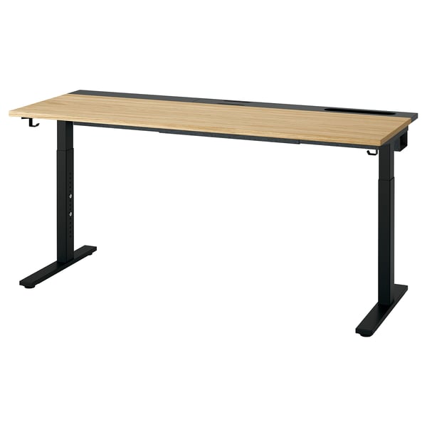 MITTZON height-adjustable desk, light wood top, black legs, modern minimalist design, perfect for home offices.