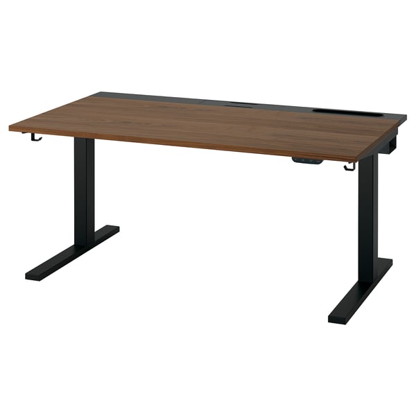 MITTZON sit/stand desk, walnut-brown top, black legs, contemporary design.